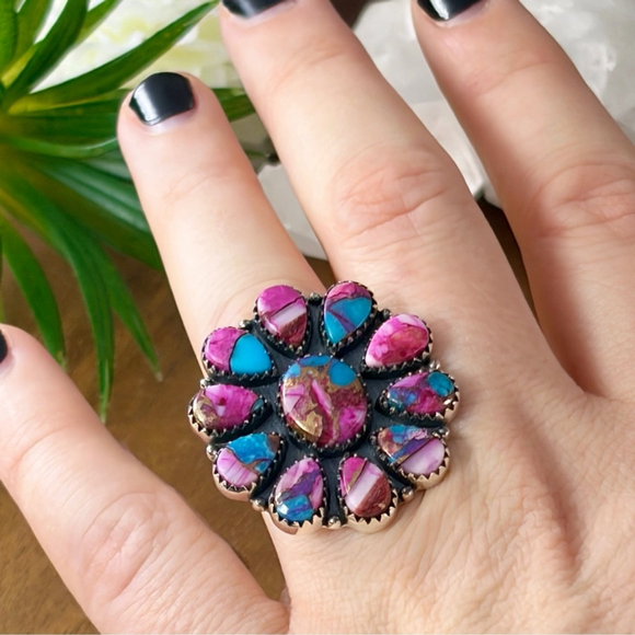 Pure Sterling Silver 925 Pink Dahlia Turquoise Cluster Ring 7 1/4 Navajo Style - Picture 3 of 11